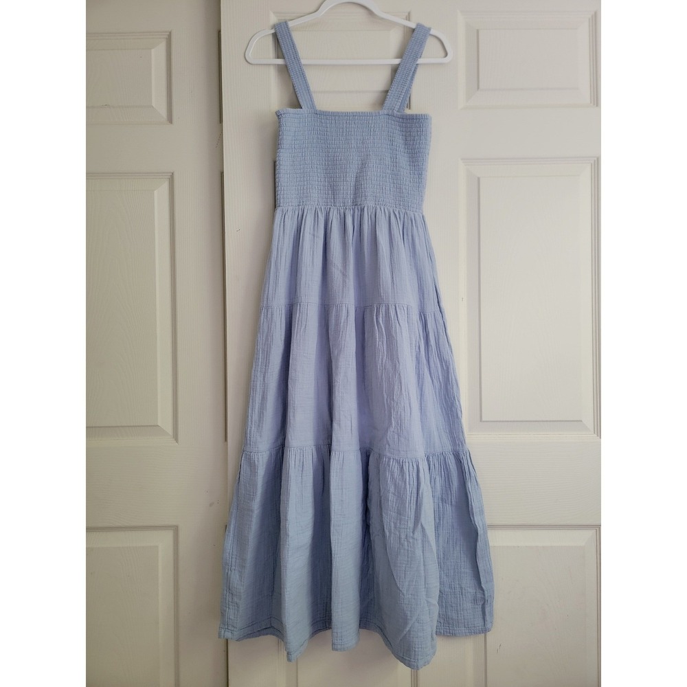 Quince Organic Cotton Gauze Smocked Tiered Maxi Dress Light Blue Pockets Small - Picture 5 of 11